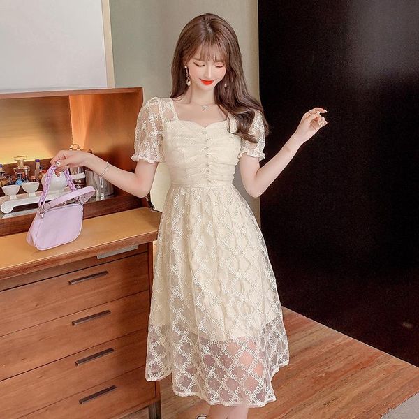 

french vintage elegant v-neck waist slim lace fashion casual midi dress korean women summer clothing vestidos party dresses, White;black