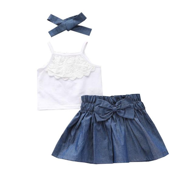 

0-3y summer cute baby girls clothes sets lace sleeveless vest denim a-line skirts headband 3pcs clothing, White