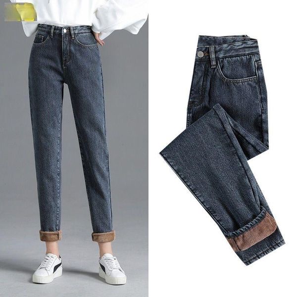 

women's jeans winter warm women high waist casual plus velvet ladies trousers female pantalon denim harem pants size y391, Blue
