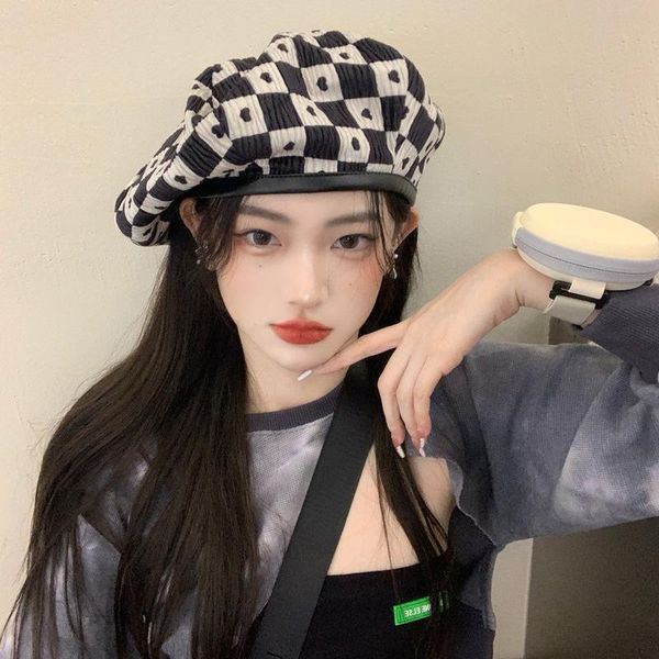 

berets red heart checkerboard beret female big head cap autumn winter hat personality fashion ins style black white plaid accessories, Blue;gray