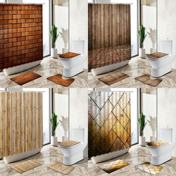 

shower curtains industrial decoration curtain set retro wood board brick wall metal door bathroom non-slip carpet toilet cover floor mat