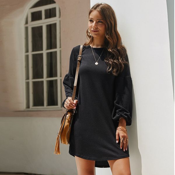 

2021 new women autumn casual long sleeve solid knitwear sweater lady o-neck mini a-line es female elegant vestidos 2jyo, Black;gray
