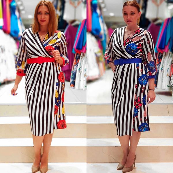 

20212021 south africa women dress african print striped dresses office ladies attire dashiki bazin vintage gowns with belt, Red