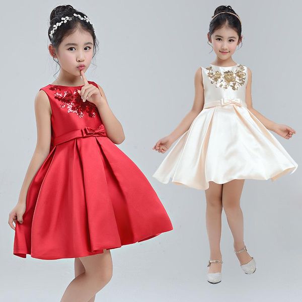 

girl's dresses kids carnival costume elegant fancy trendy satin sequins flower girls princess dress children holy birthday party clothe, Red;yellow