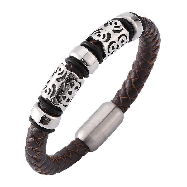 

charm bracelets mens trendy jewelry brown woven leather rock bracelet male stainless steel magnetic buckle punk men accessories sp0160, Golden;silver