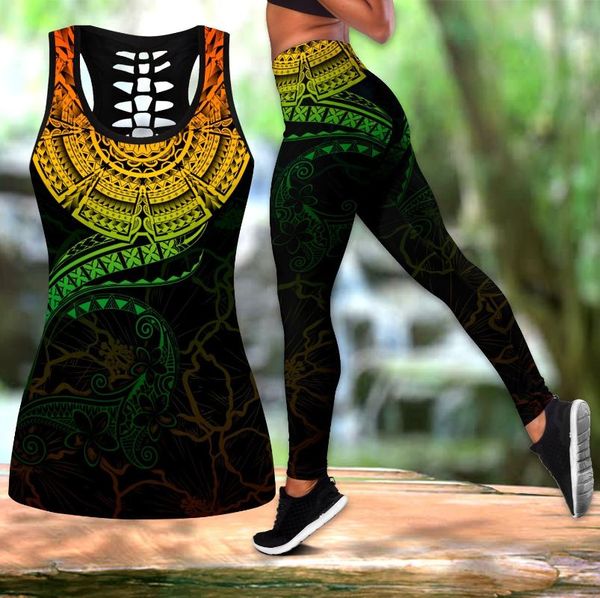 

women's leggings polynesian tattoo pattern 3d printed hollow tank & set fitness female full length running pants ddk79, Black