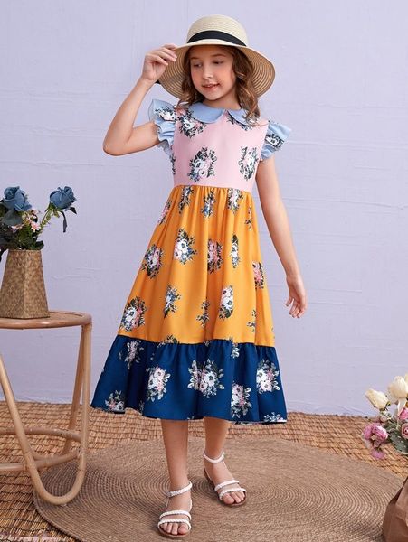 

girls colorblock floral print peter pan collar ruffle hem dress she, Red;yellow