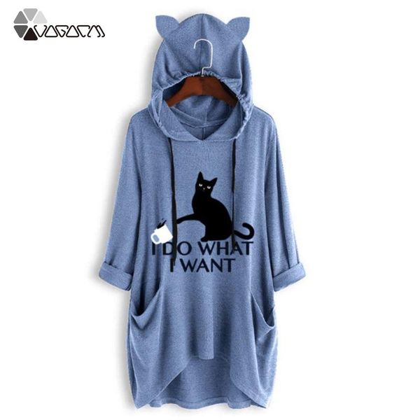 

autumn women casual cartoon hoodies print cat ear hooded long sleeves pockets irregular pullover feminine oversize big size women's & s, Black