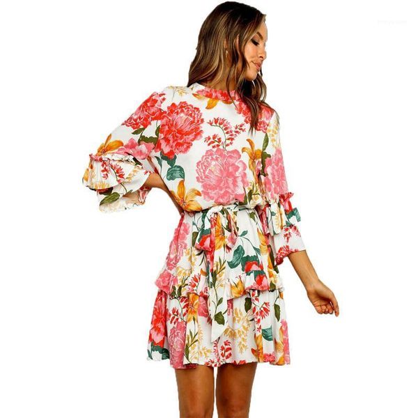 

high elastic waist vintage spring autumn dress a-line style women flare sleeve flower print loose holiday mini dresses feminino casual, Black;gray