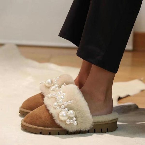 

winter women slippers warm furry slides for fashion pearl shoes flat fur female zapatos mujer, Black