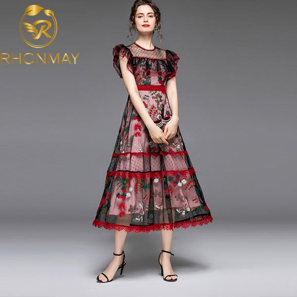 

runway summer holiday long dress luxury women ruffles mesh patchwork lace embroidery party vintage floral vestidos casual dresses, Black;gray