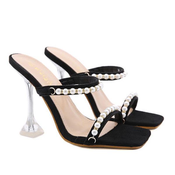 

sandals fashion 2021 shoes for women polka dot string bead flock slides outside spike heels sweet shallow, Black