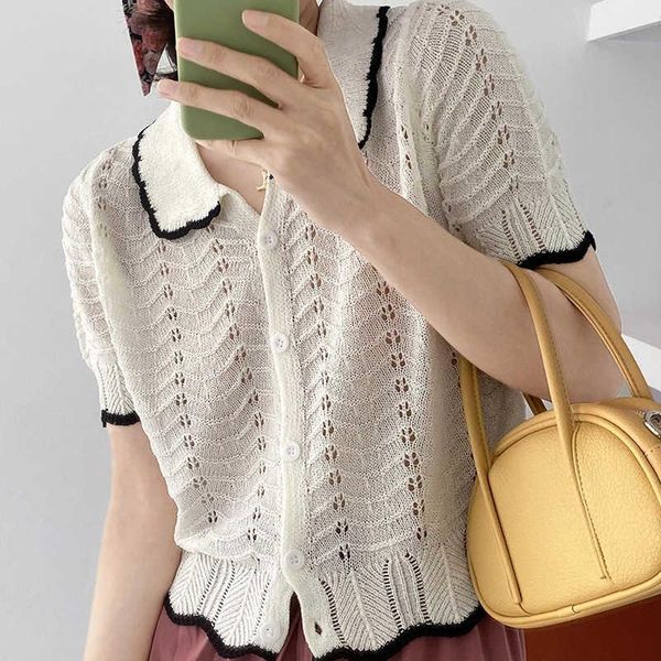 

women's blouses & shirts korean version hollow out small lapel knitted shirt short sleeve solid color 2021 summer fashion e493, White