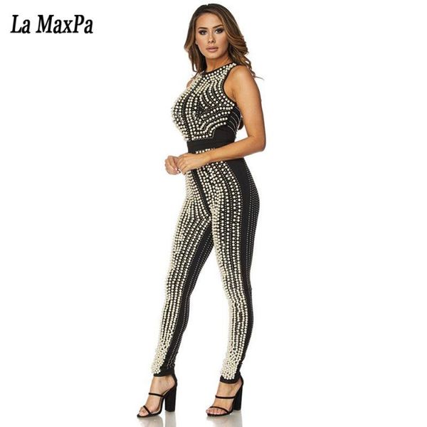 

women's jumpsuits & rompers 2021 autumn women sleeveless diamond jumpsuit bodycon white black beaded decoration party elegant vestidos, Black;white