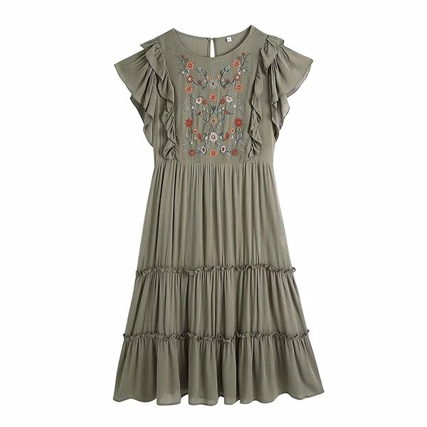 

casual dresses 2021 spring ladies fashion embroidery flower print dress female lotus leaf short-sleeved round neck lace decorative, Black;gray