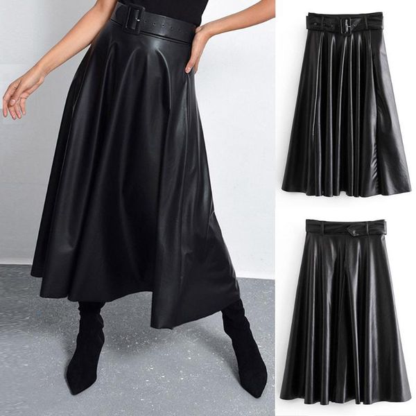 

skirts fashion women pleated skirt solid pu leather high waist belt party layered mid-calf 2021 street wear loose clothing, Black