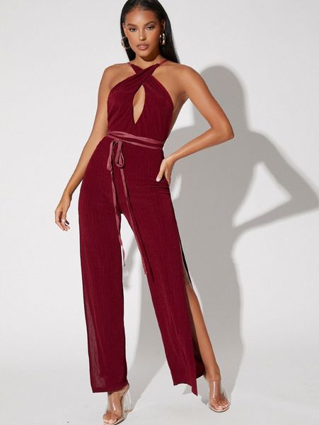 

belted backless split thigh jumpsuit o28y#, White