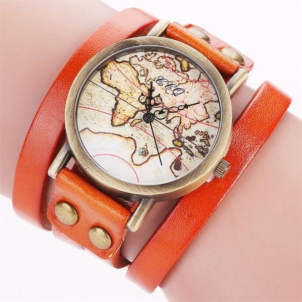 

wristwatches geneva bracelet retro female quartz watch casual orange genuine cowhide winding strap map pattern copper dial womens wrist, Slivery;brown