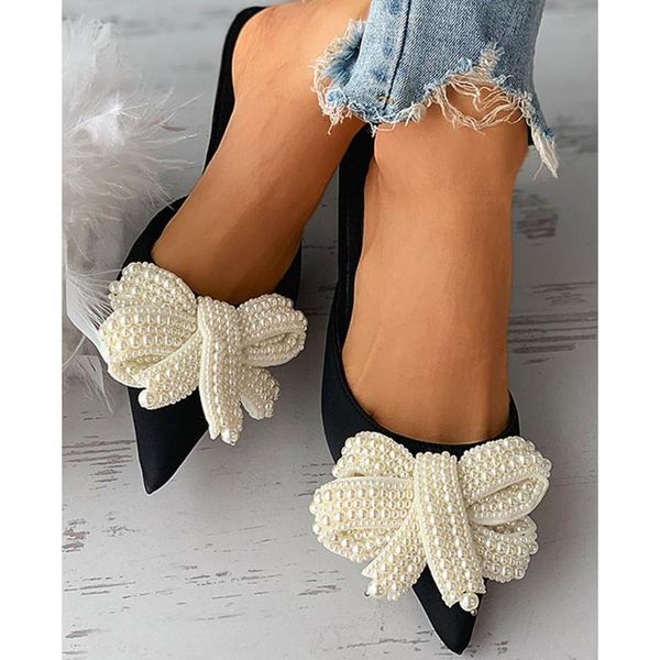 

female slip on mule pumps summer pearl bowknot pointed toe women shoes woman dress, Black