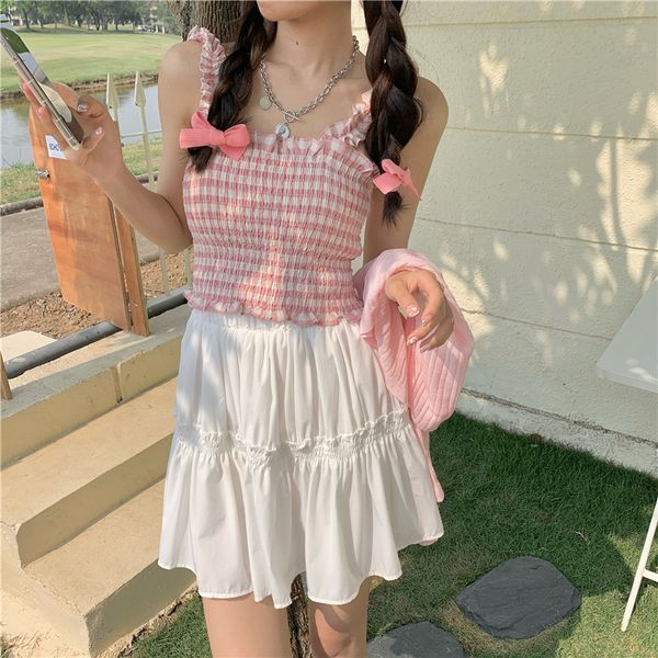 

simple elastic fashion all match short design women camis fashion camishole fresh plaid female camis 210522, White