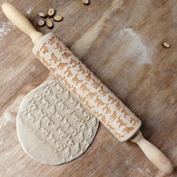 

cute animal cat dog wood embossing process rolling pin for diy baking cookies biscuit cake home & garden festival party pins pastry boards