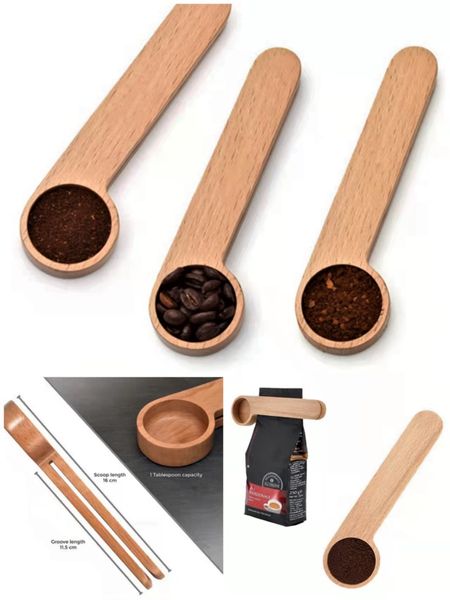 

wholesale wooden coffee scoop with clip tablespoon solid beech wood measuring tea bean measuring spoons clips gift dh0393