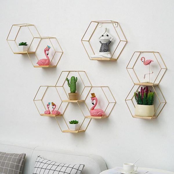 

pc decoration craft nordic hexagonal iron stand pot wall holder home shelf storage contracted design decorative shelves other decor