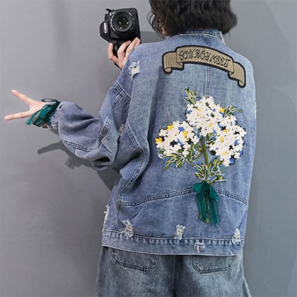 

jackets autumn arts style women long sleeve loose denim jackets embroidery floral vintage hole jean short coat big size m636 qzgr, Black;brown