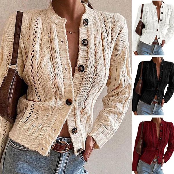 

women's knits & tees autumn casual long sleeve knitted sweater lady 2021 elegant solid hollow out coats women fashion buttons twist ca, White