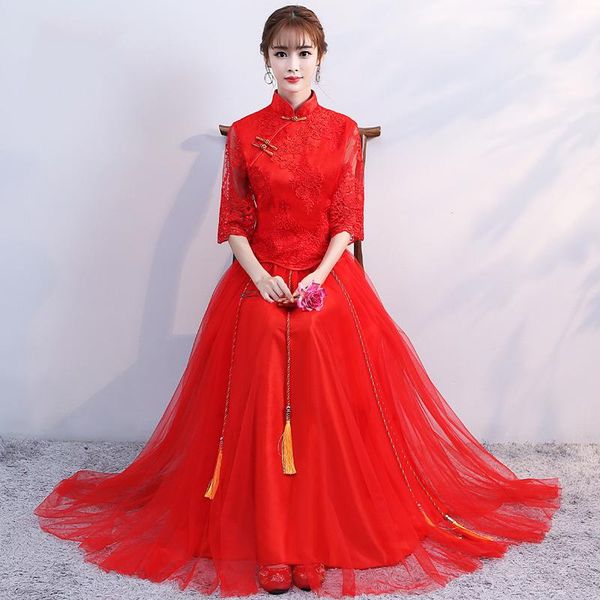 

ethnic clothing chinese style red long tulle prom dresses lace embroidery women mandarin collar a-line evening party gown vestido