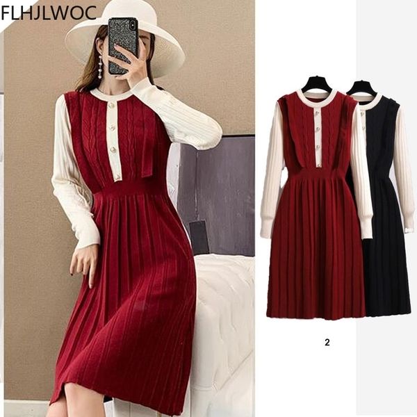 

casual dresses spring winter basic wear fenimine vestidos femme women fashion patchwork ruffled knitted red sweater y5ik, Black;gray