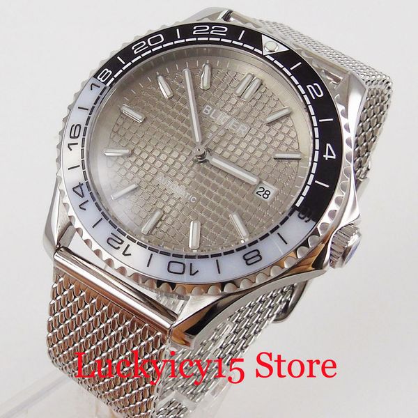 

lightning fashion mechanical watch sapphire glass steel tape miyota movement ceramic numeral date indicator, Slivery;brown