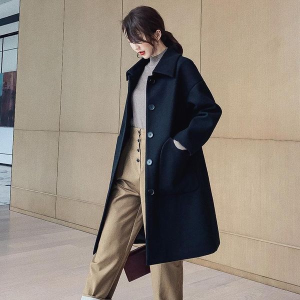 

women's wool & blends woolen coat middle and long spring autumn 2021 net red same british, Black