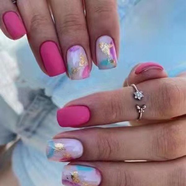 

false nails 24pcs fake with glue short rose red blooming nail stickers complete press on designs dl, Red;gold
