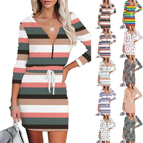 

casual dresses zipper v-neck stripe woman's dress plus size women long sleeves strap slim sports mini vestidos, Black;gray
