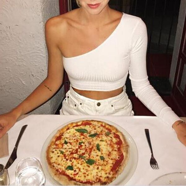 

2021 new asymmetric cotton off shoulder t-shirt, long sleeve, navel exposed, monochrome, elastic, slim, european and american 2y2g, White
