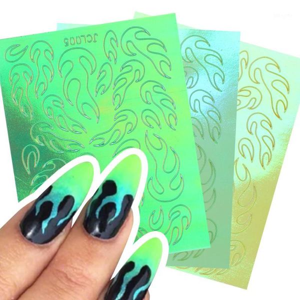 

10pcs holographic flame nail art stickers 3d laser green fire hollow sticker slider deocoration manicure polish design be20091, Black