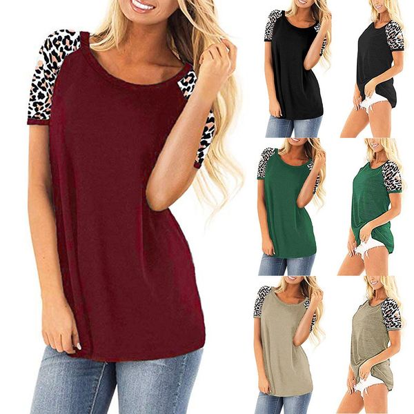 

2021 summer new european and american women's round neck leopard pattern splicing short sleeve t-shirt, White