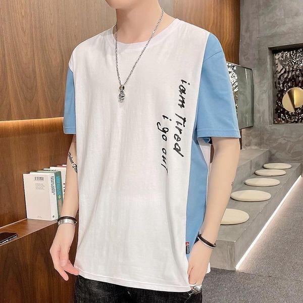 

men short-sleeved t-shirt color matching summer slim style trend young soft pure cotton daily all-match round neck handsome men's t-shi, White;black