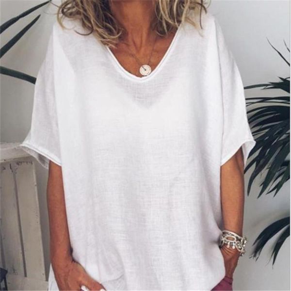 

women's t-shirt loose large clothing bat sleeve solid cotton linen casual top, White