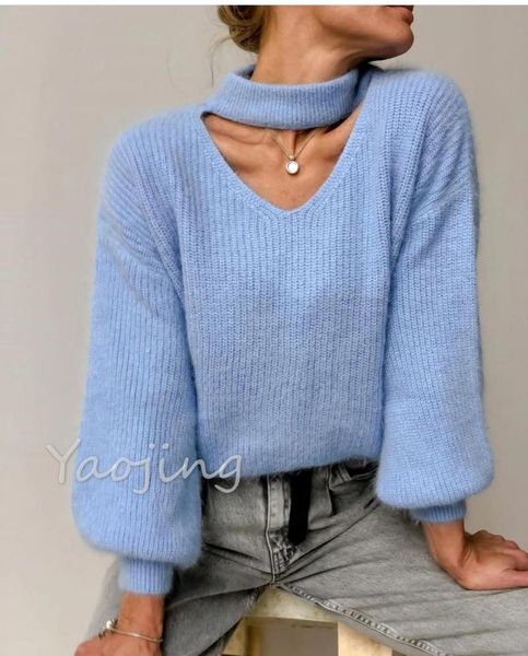 

women's sweaters 2021 autumn winter fashion o-neck hollow out cutout design mohair wool knitted lantern long sleeve sweater jump, White;black