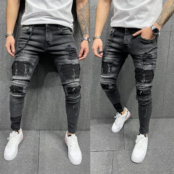 

men's jeans 2021black men's sweatpants hole pants casual summer autumn male ripped skinny trousers slim biker outwears, Blue
