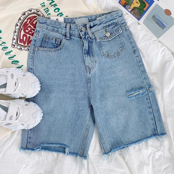 

women's jeans asymmetric flap pocket holes short rough edge high waist loose and thin straight denim shorts, Blue