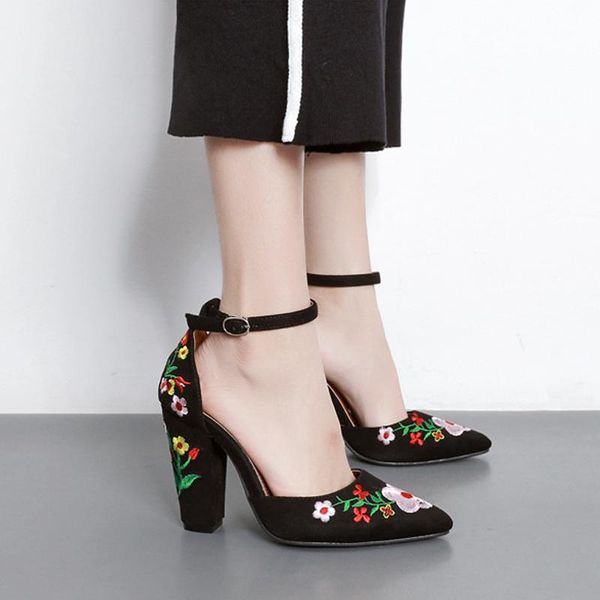 

flower embroider women pumps high heels pointed toe elegant office lady shoes swb0060 dress, Black