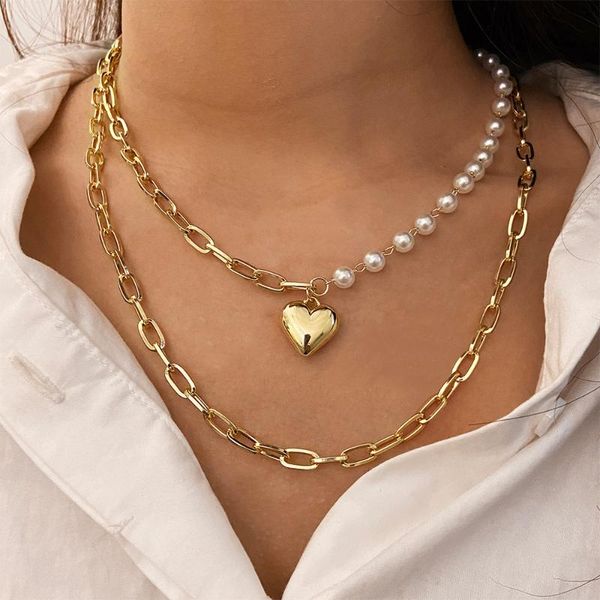 

chains 2021 trendy gold color heart love necklace chokers for women fashion asymmetry pearls link chain double layered jewelry, Silver