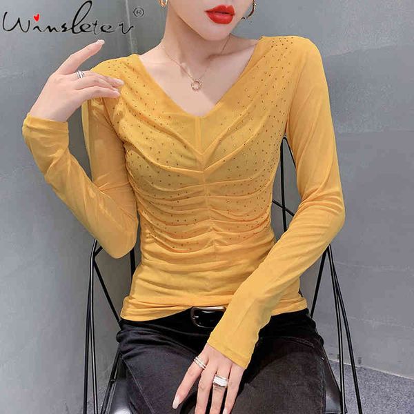 

women's t-shirt fall winter korean style mesh fashion v-neck drape shiny diamonds women ropa mujer long sleeve tees t093, White