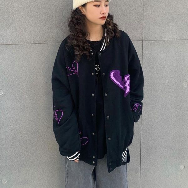

women's jackets women jacket korean hip-hop casual heart-shaped embroidery high street baseball uniform coat autumn vintage grunge punk, Black;brown