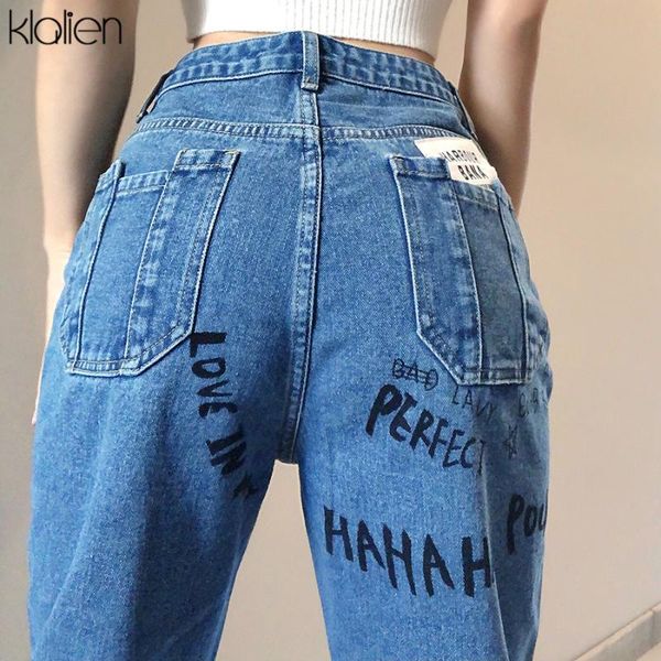 

women's jeans klalien women spring summer fashion casual high waist zipper solid cotton blue straight 2021 club streetwear trousers