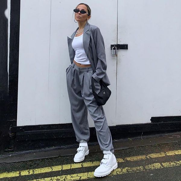 

women's pants & capris stripe blazer office lady baggy straight trousers boyfriend style female jogger korean japanese workwear streetw, Black;white