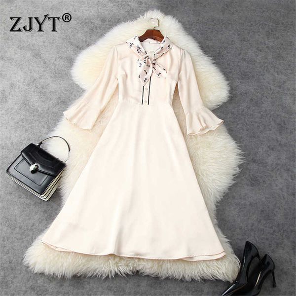 

elegant women flare sleeve bow collar solid dresses party office robe femme spring designers aline casual midi vestidos 210601, Black;gray